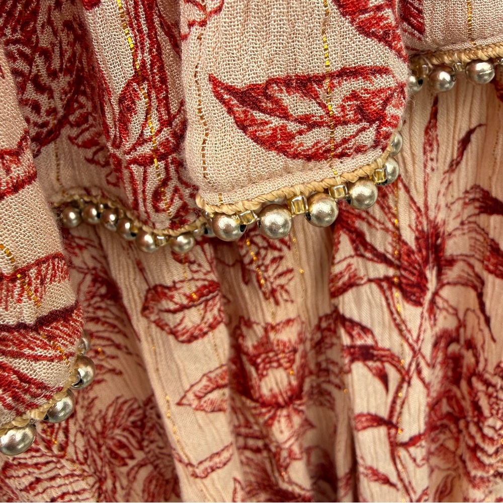Boho Red & Tan Floral Ruffled Maxi Skirt Size Medium - Picture 7 of 7